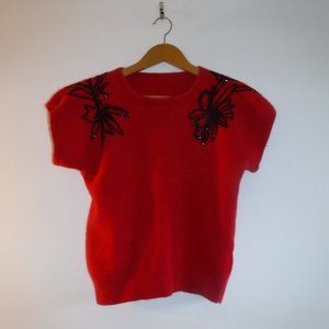 red short sleeve beaded sweater 1980s